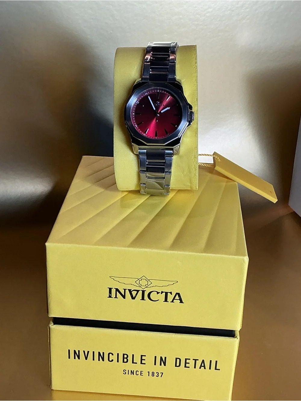 Invicta Men's Silver Watch with Red Sunburst Dial